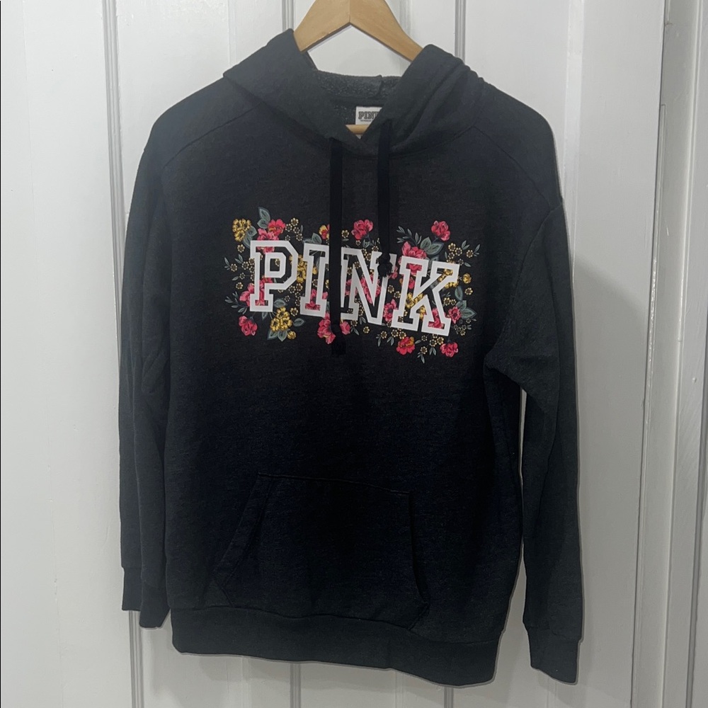 PINK Victoria's Secret Charcoal Hoodie with Floral Accents